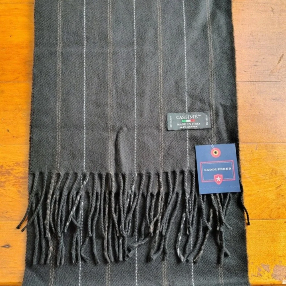 Saddlebred Mens Scarf Charcoal Grey Pinstripe Made‎ in Italy Cashme Soft Acrylic